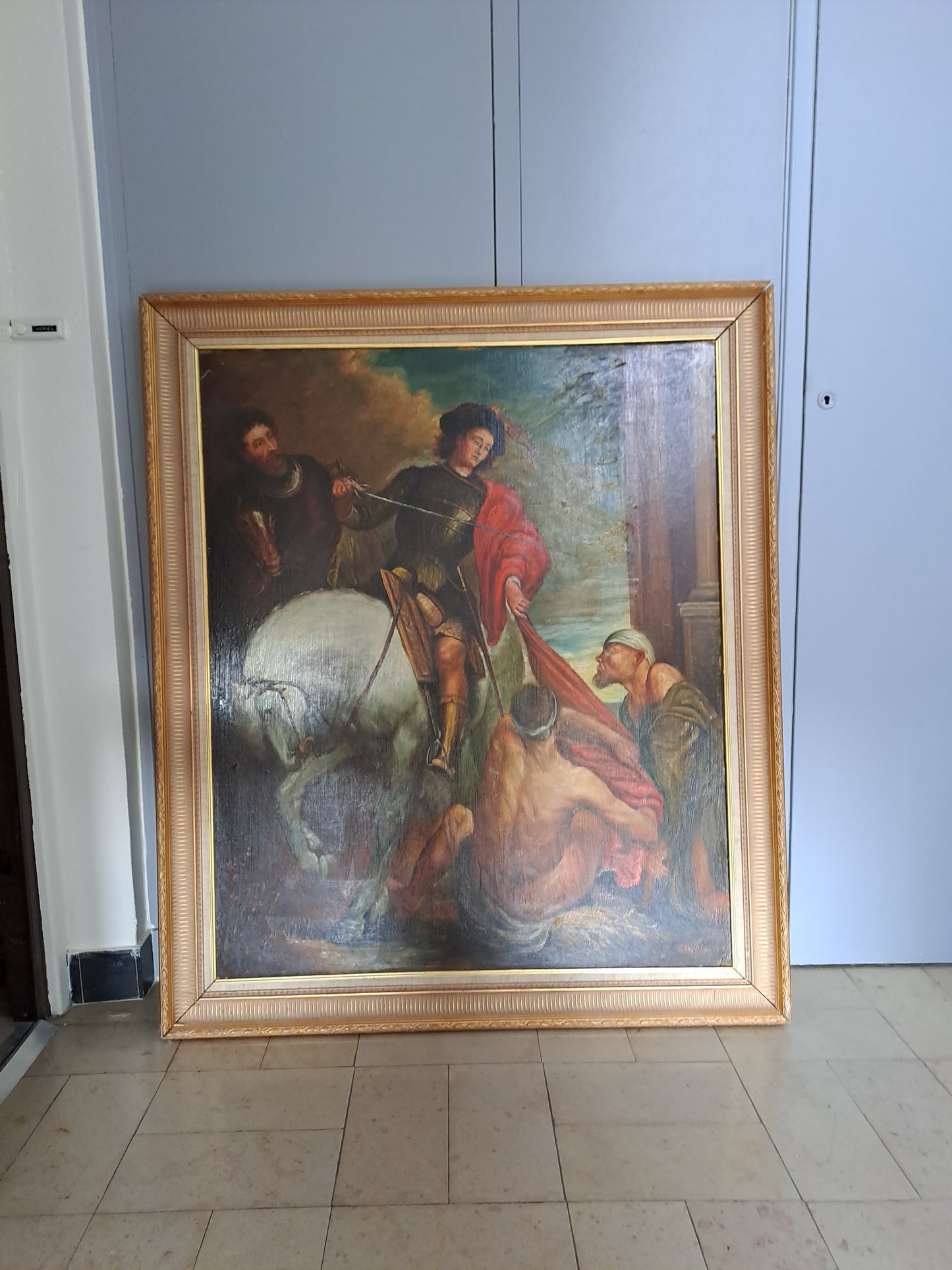 Tableau Saint-Martin et le mendiant d'après Van Dick. Signé. 125cm X 107 cm. Ancien vintage catholique sacré-coeur.