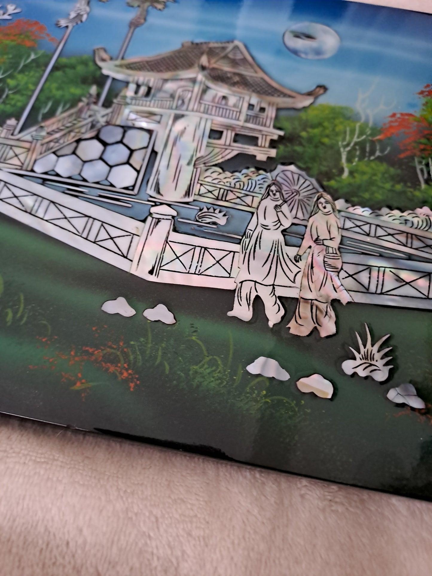 Panneau De Laque Marquetés Instration De Nacre. Balade nocturne. Ancien décoration vintage asiatique Asie.