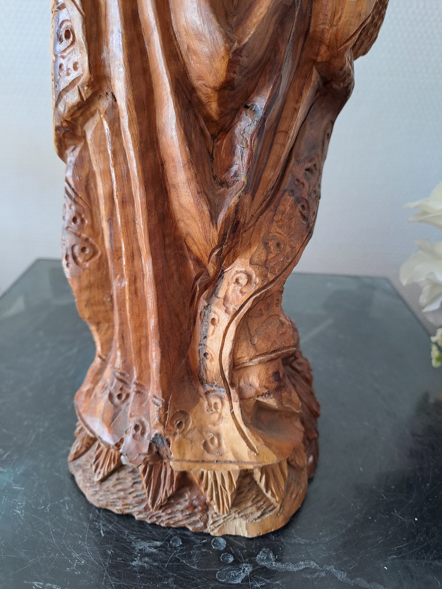 Statue/ Sculpture en bois représentant Moïse avec les tables de la lois et le serpent d'airain. Ancien decoration vintage catholique.