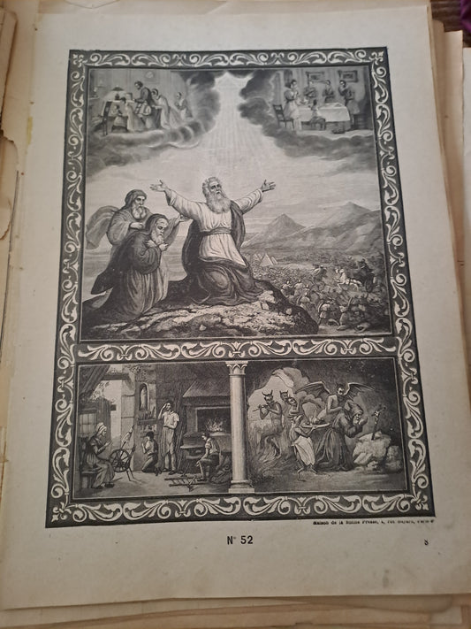 Gravure. La prière. Ancien decoration vintage catholique.