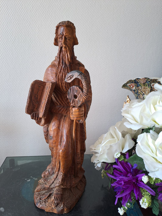 Statue/ Sculpture en bois représentant Moïse avec les tables de la lois et le serpent d'airain. Ancien decoration vintage catholique.