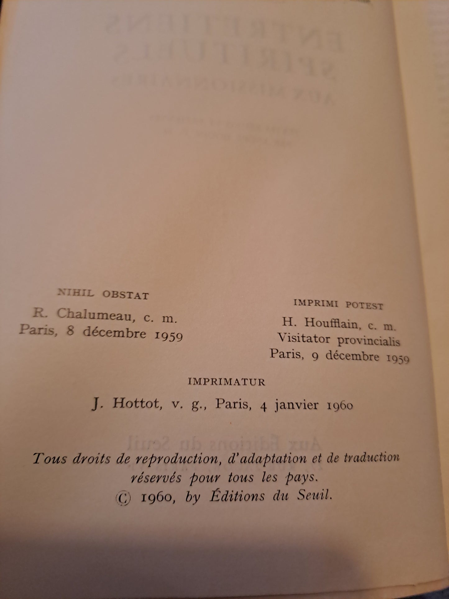 Saint Vincent de Paul. Entretient spirituels aux missionnaires. Ancien livre vintage catholique.